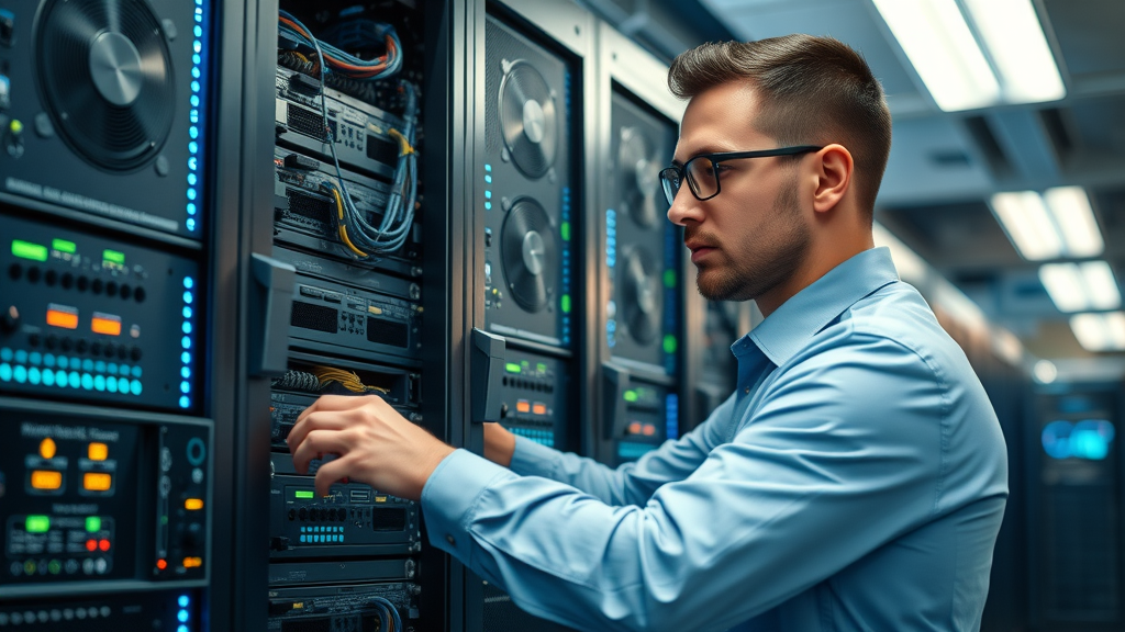 IT specialist setting up robust server infrastructure for marketing data in data-driven marketing strategies
