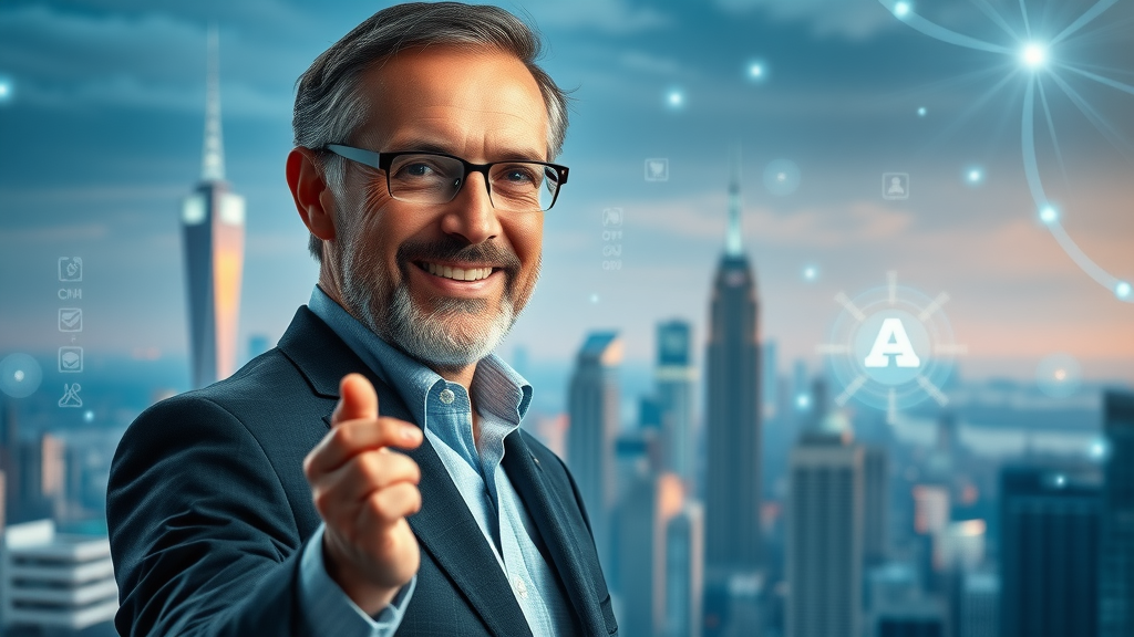 visionary business leader navigating digital transformation using artificial intelligence marketing strategies, futuristic skyline with AI holograms