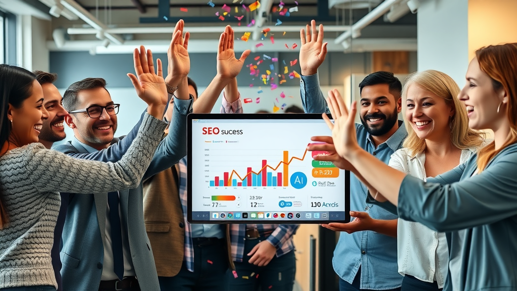 Diverse marketing team celebrating SEO success with AI dashboard showing climbing results, modern office atmosphere