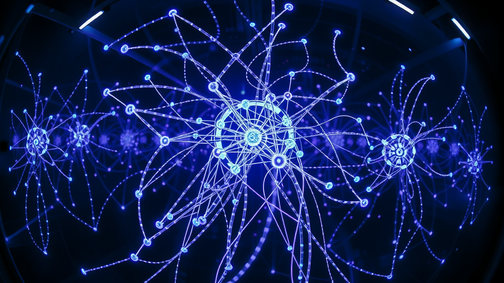 Intricate neural network visualization showing data flows and complex human language processing for content creation