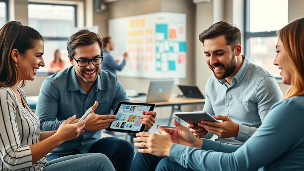 team of marketers collaborating using software for marketing content workflow