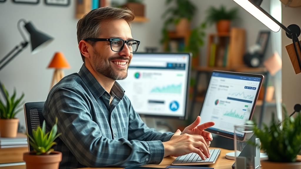 SEO specialist updating evergreen SEO content and reviewing analytics on computer