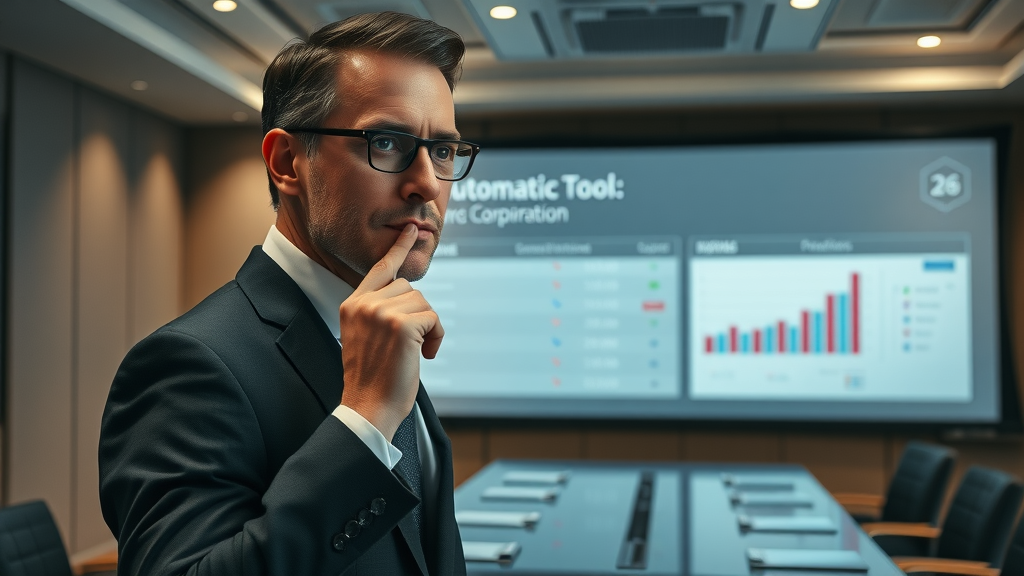 executive comparing options between automation tools and marketing automation platforms in meeting room