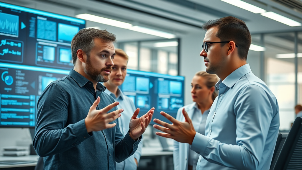 Cutting-edge AI-powered workspace with professionals analyzing digital language data using NLP for content creation