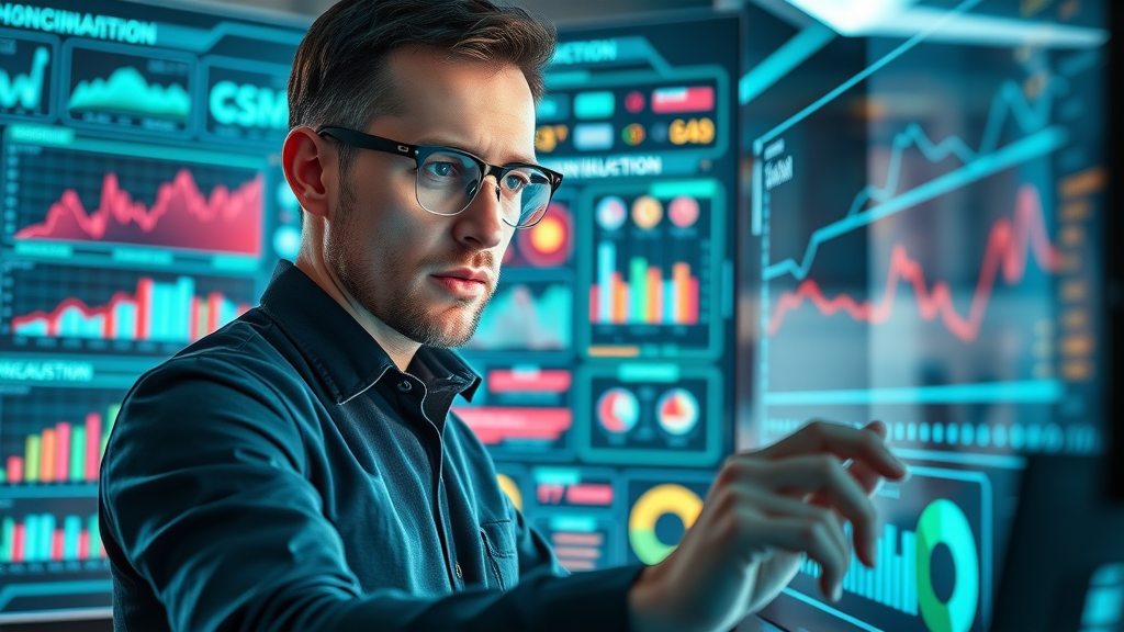 futuristic computer interface, AI analyzing customer data, focused business analyst observing trends, Futuristic Sci_Fi, holographic screens with colorful predictive graphs, highly detailed, elements of artificial intelligence visualized, teal and neon accents, cool luminous lighting, shot with an 85mm lens. Predictive analytics and Houston digital marketing AI specialist visualizing data trends