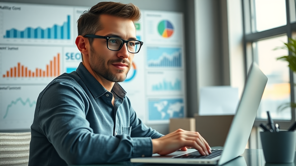 business blogger applying seo blogging strategies at work, surrounded by analytics charts and seo icons