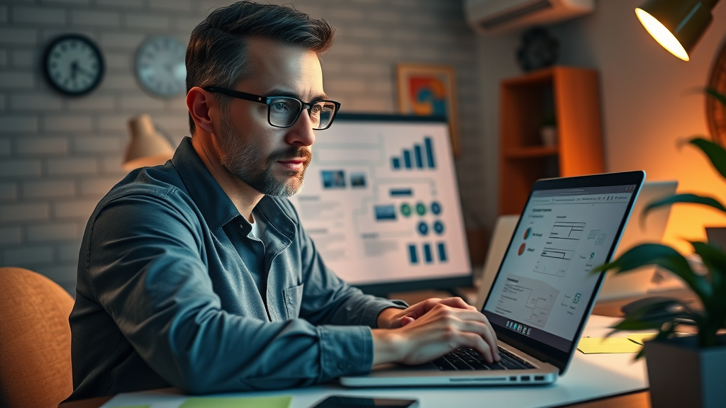 marketing automation specialist setting up campaign automation sequences on a laptop, animated workflow lines