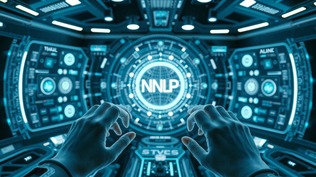 Futuristic AI interface with next-gen NLP model visualizations transforming the future of content creation