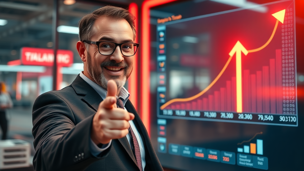 motivational business leader points at digital traffic curve rising after seo blogging strategies