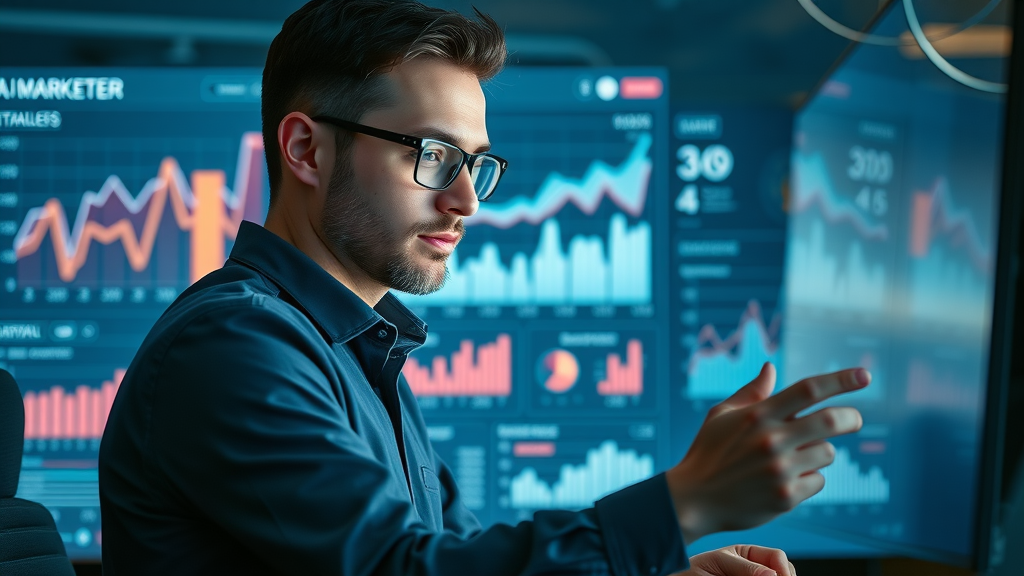 Analytical marketer reviewing AI-powered analytics dashboard - AI tool data analytics for marketing