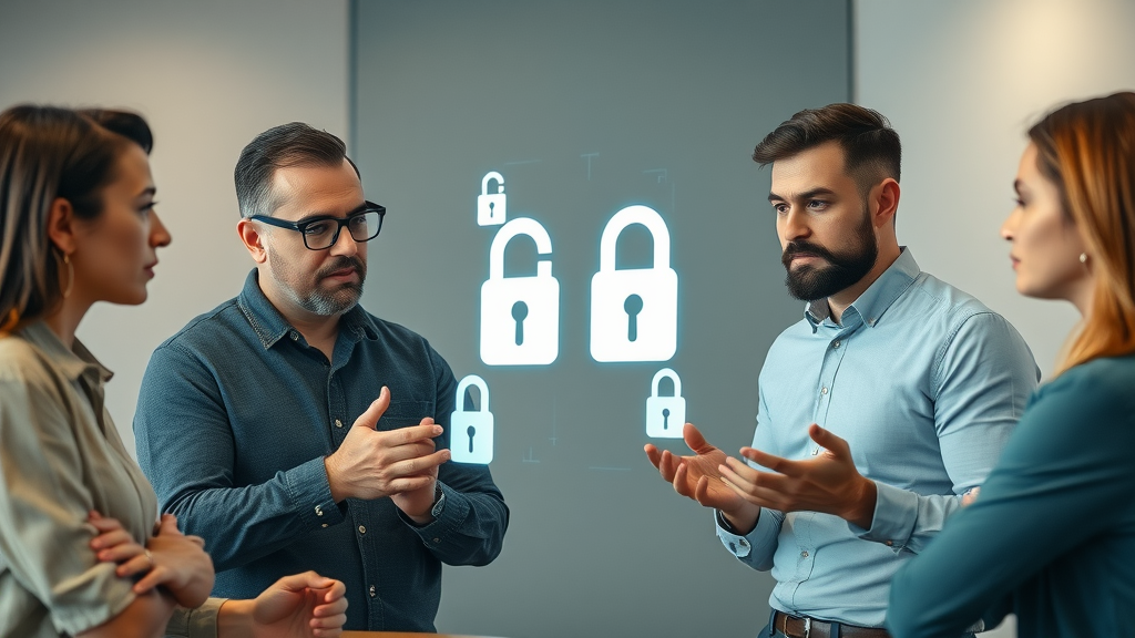 Concerned marketing team discussing predictive content marketing data privacy and compliance with projected security visuals.
