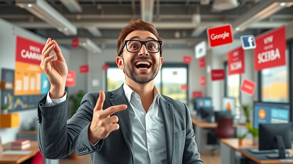 Brand manager launching campaign with SEO-optimized multimedia content for brand awareness and content marketing
