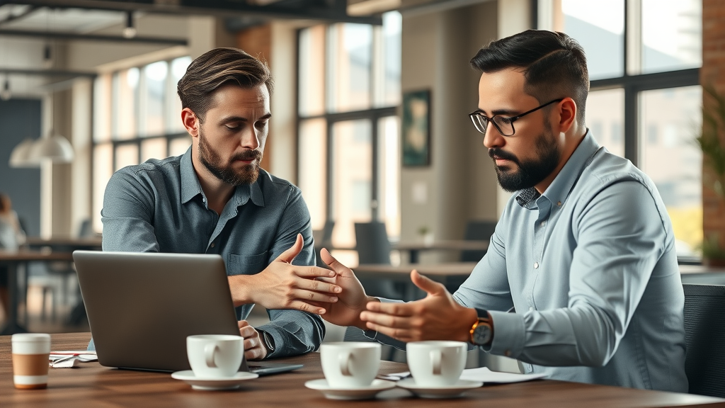 Houston business owners meeting AI customer segmentation consulting expert in modern coworking space.