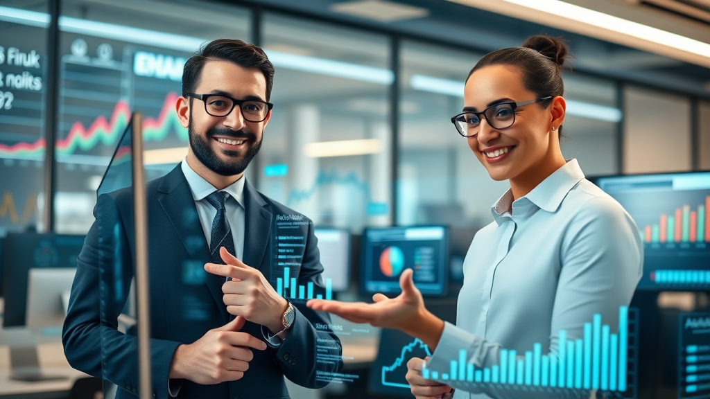 dynamic business professionals collaborating using AI analytics in a high-tech workspace, artificial intelligence in marketing