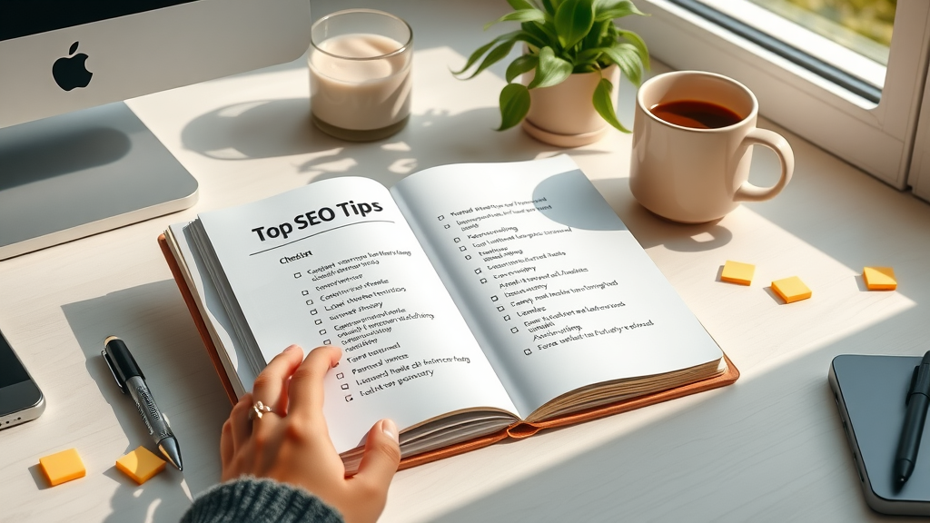 open notebook with top 10 actionable SEO tips for improving search rankings with blogs