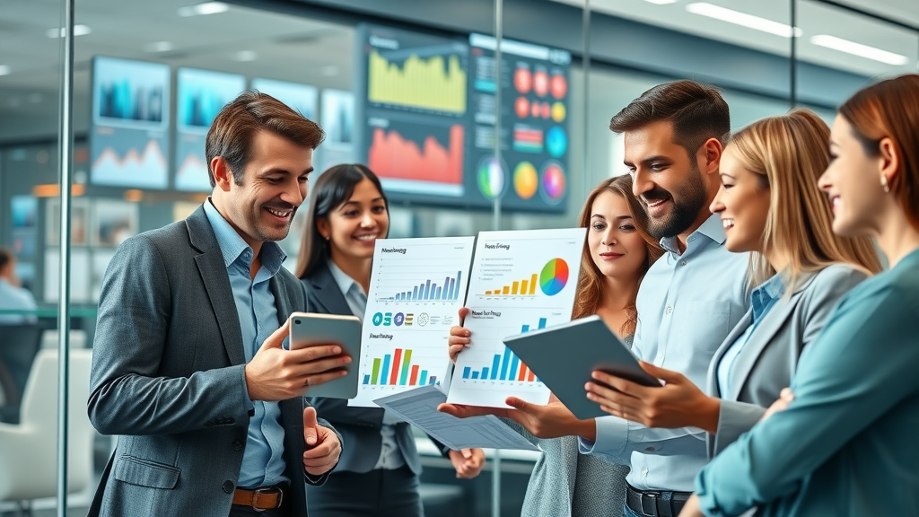 predictive analytics in marketing - business team analyzing marketing data and charts collaboration