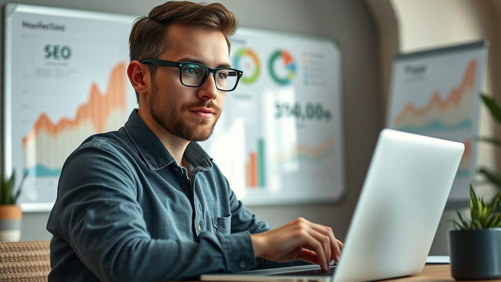 professional blogger analyzing SEO performance and strategies for improving search rankings with blogs