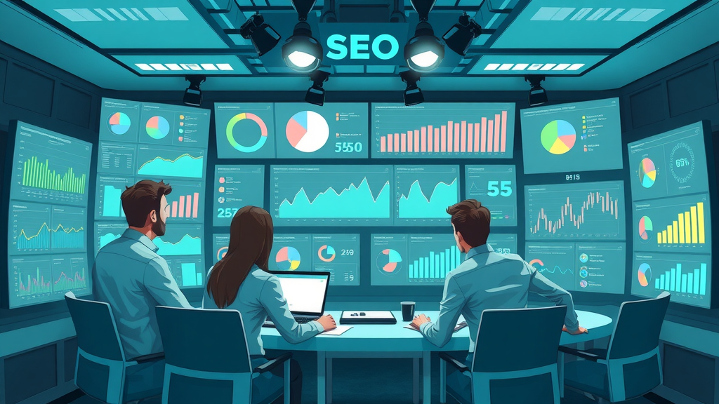 nlp seo team reviewing dashboard analytics, tracking language processing and search intent success