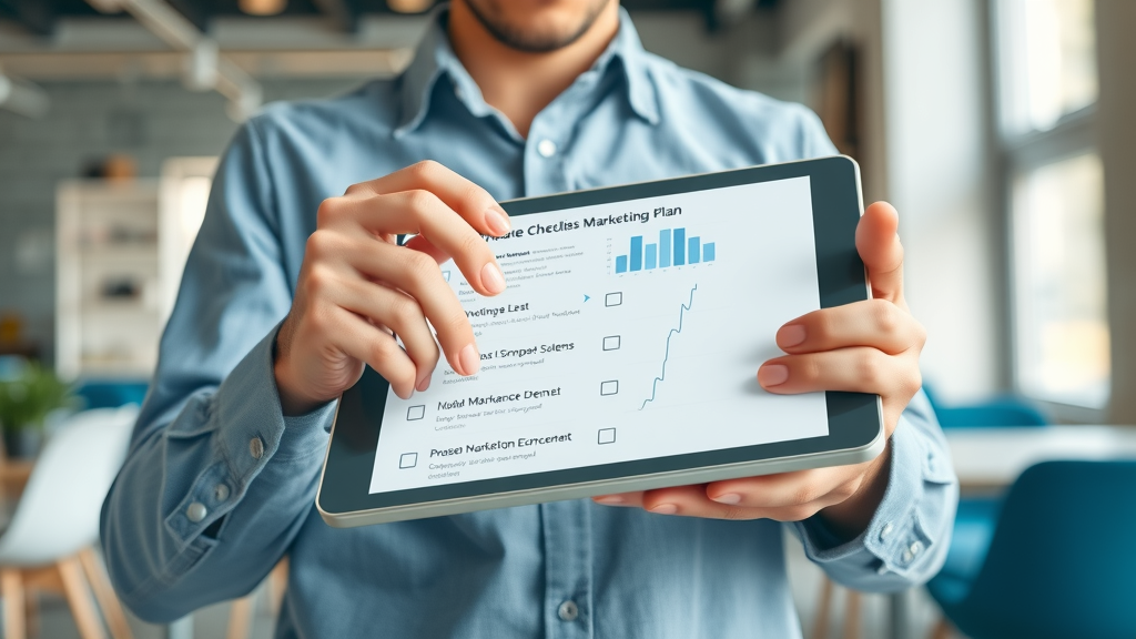 modern marketer using a digital tablet for checklist and data-driven marketing strategies plan
