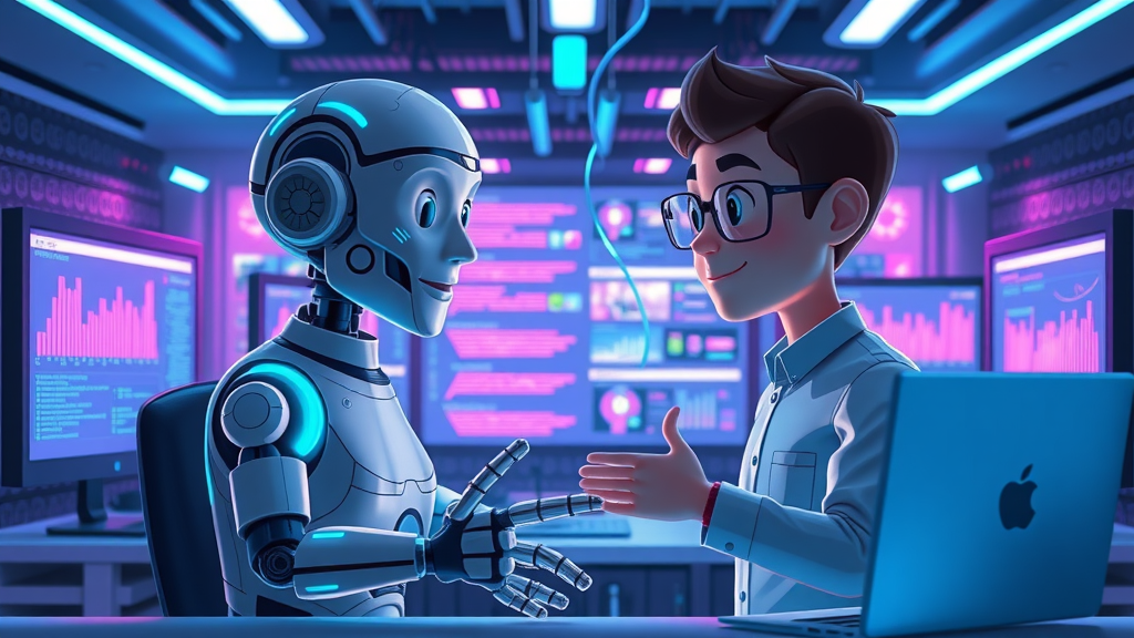 ai and ml for authority building: AI and machine learning systems collaborating to drive content engagement in a futuristic workspace