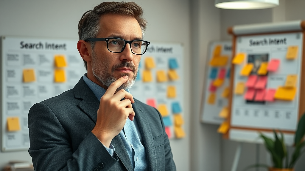 Professional mapping search intent clusters on sticky notes, planning SEO content creation