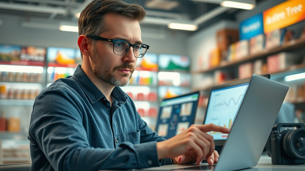 E-commerce strategist analyzing product keywords and conversion rates in a digital retail office