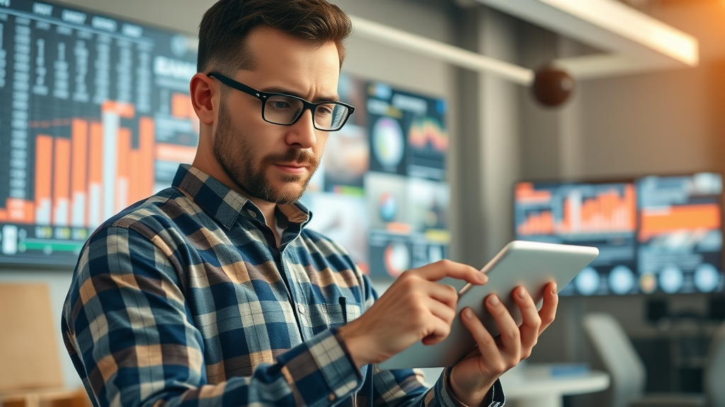 Contractor using AI to schedule and automate digital marketing content on a tablet.