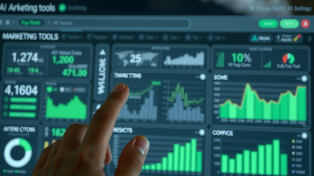 Dashboard of AI marketing tools with interactive charts and analytics in a professional marketing environment