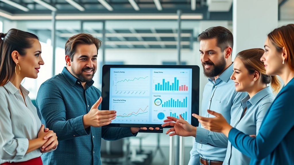 automated content tailoring digital marketing team brainstorming with graphs and social media dashboard