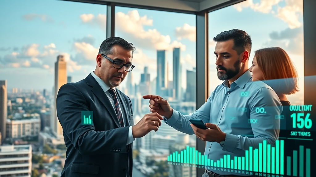 cutting-edge Houston skyline, vibrant city energy, dynamic marketing professionals analyzing digital data streams, machine learning in marketing Houston, modern office with glass windows, holographic marketing charts, neon blue and green, natural daylight