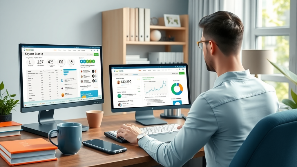 user analyzing keyword research tools for blogs on multiple screens