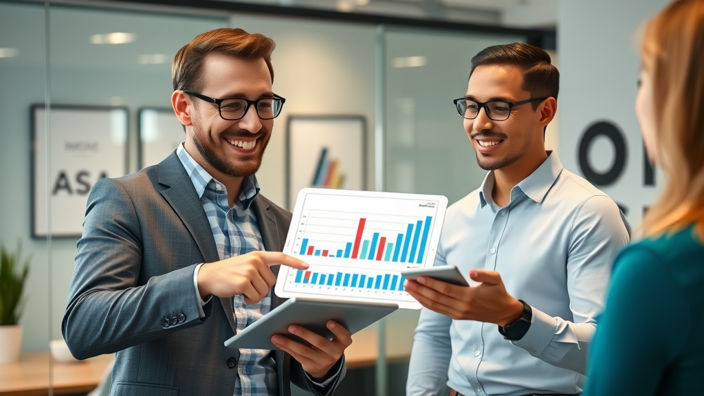 Marketing consultant in Houston explaining content personalization trends to business clients through digital charts and tablets in a collaborative office environment.
