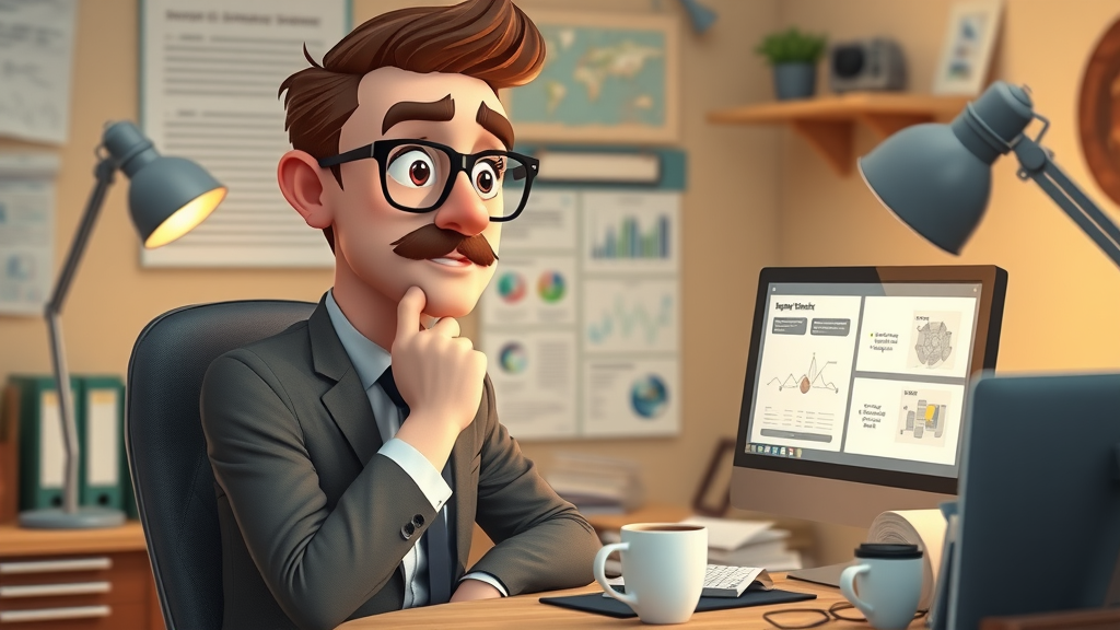 curious business owner comparing recommendation system models, computer screen shows feature diagrams, 2D cartoon style, small office