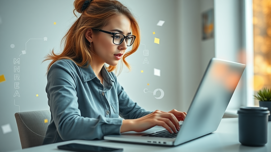 inspired professional using AI content generation tool on laptop, surrounded by swirling digital ideas