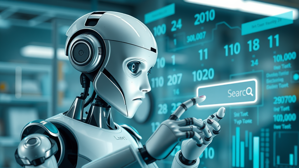 natural language processing SEO AI robot interacting with search interface digital background
