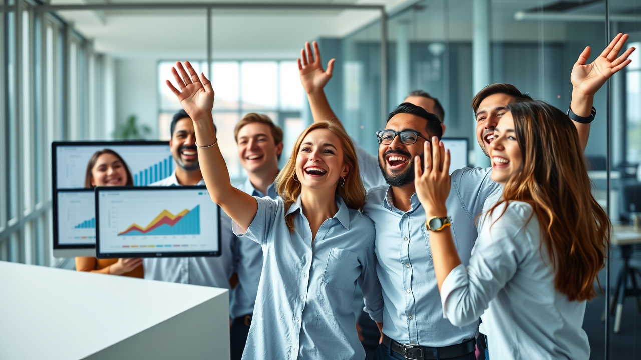 happy corporate team celebrating after analytics improvement, showing before and after success charts from improved recommendation system