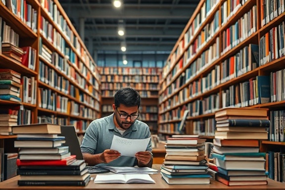 opportunity study, academic focus, scrutinizing reports, photorealistic, university library with stacks of books, highly detailed, laptops and notebooks, sharp image, classic and deep colors, overhead lighting, shot with a 24-70mm lens.