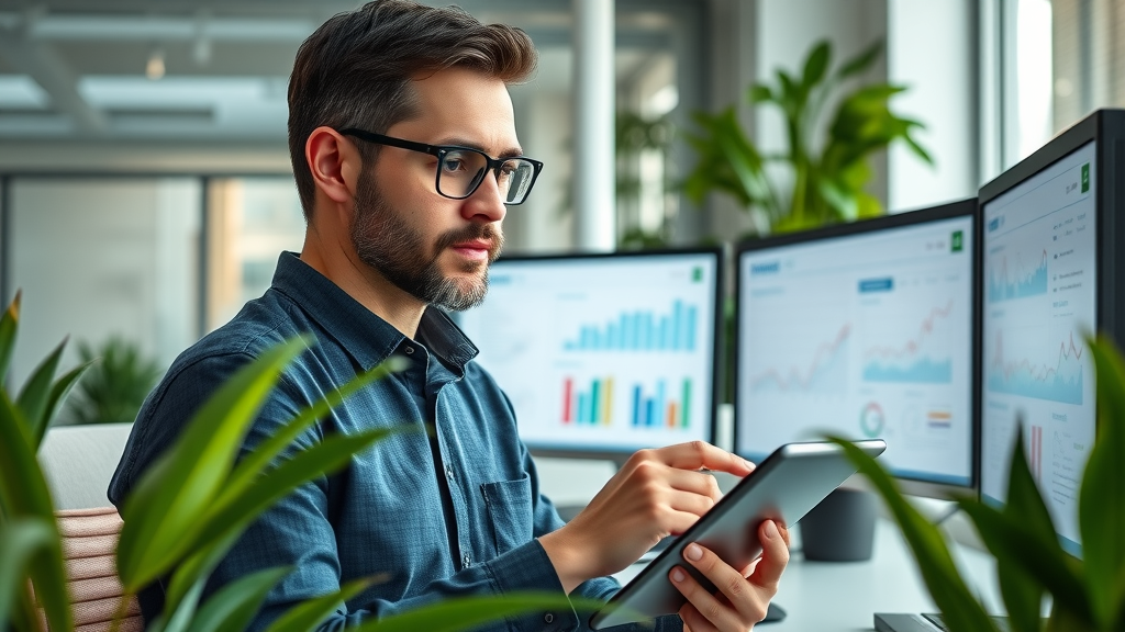 insightful marketer analyzing ai marketing data charts on tablet for digital marketing strategy