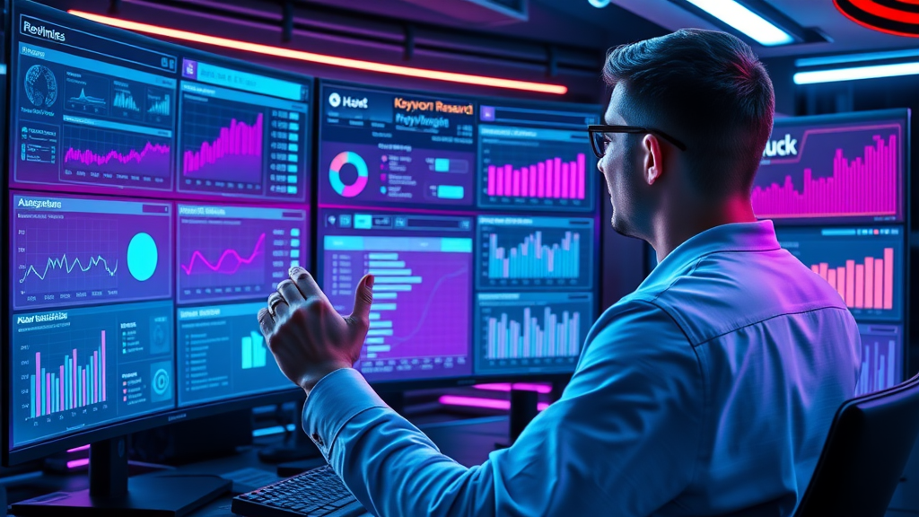 Futuristic dashboard with AI-powered SEO content generation and keyword research tools