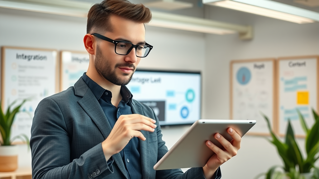 Modern digital marketer onboarding AI SEO tool, reviewing integration steps in contemporary workspace