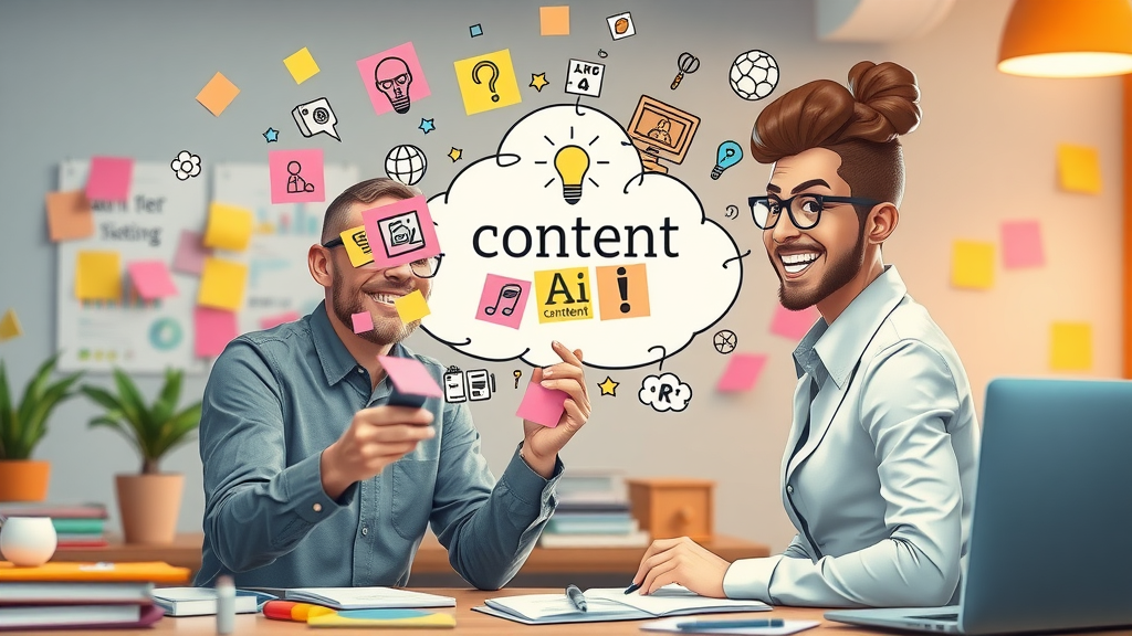 content creators brainstorming ideas with ai tools and floating content concept icons