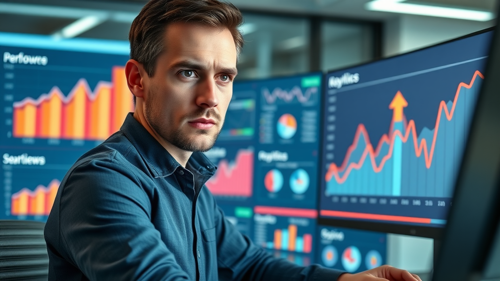 Marketing analyst reviewing SEO analytics dashboard with performance charts and animated keyword position arrows