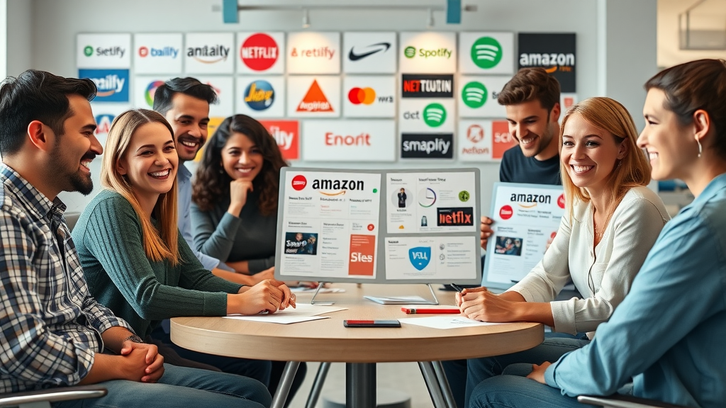 Diverse marketing team collaborating on brand case studies using data-driven strategies, featuring Netflix, Amazon, and Spotify