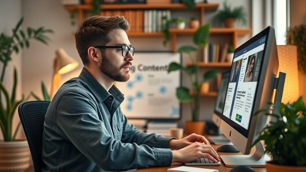 Focused marketer using AI-powered software for automated blog post generation