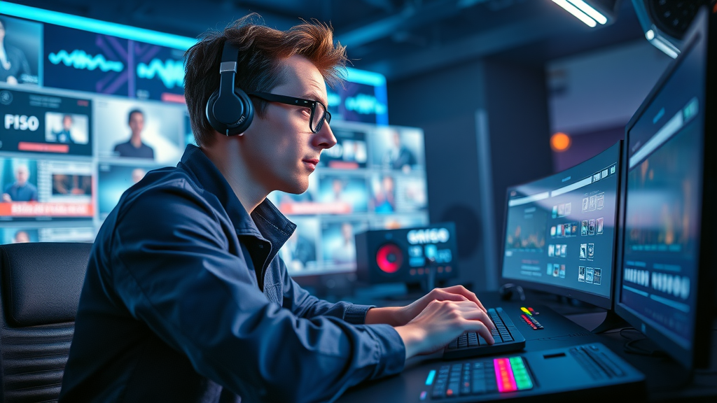 Video content creator editing project with custom content creation tools on high-tech digital workspace