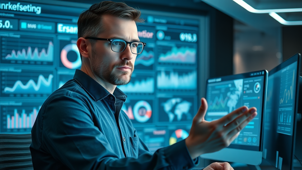 AI marketing tools dashboard with digital marketer analyzing data