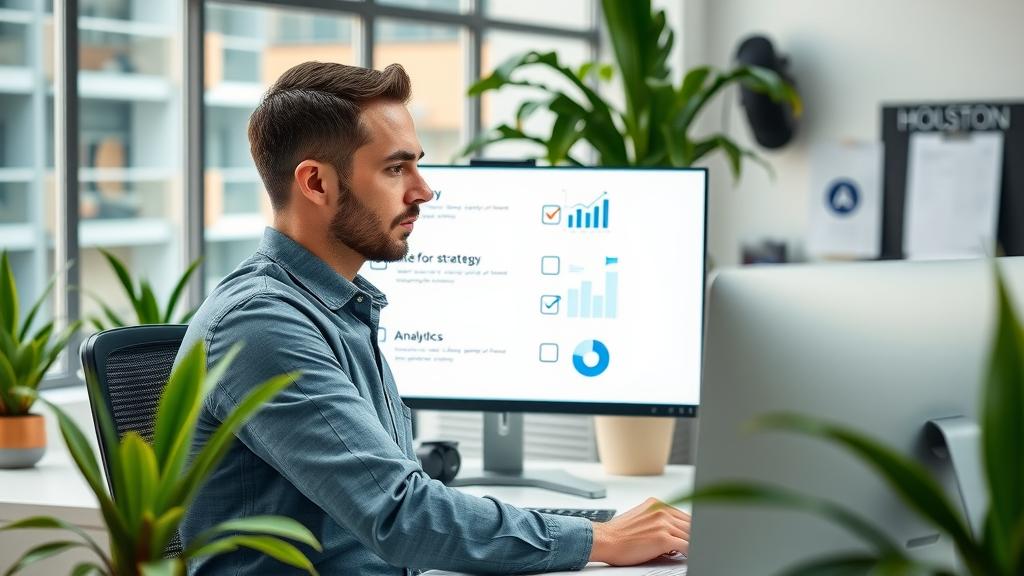 Efficient marketer using ai marketing Houston to check digital strategy checklist in modern Houston office