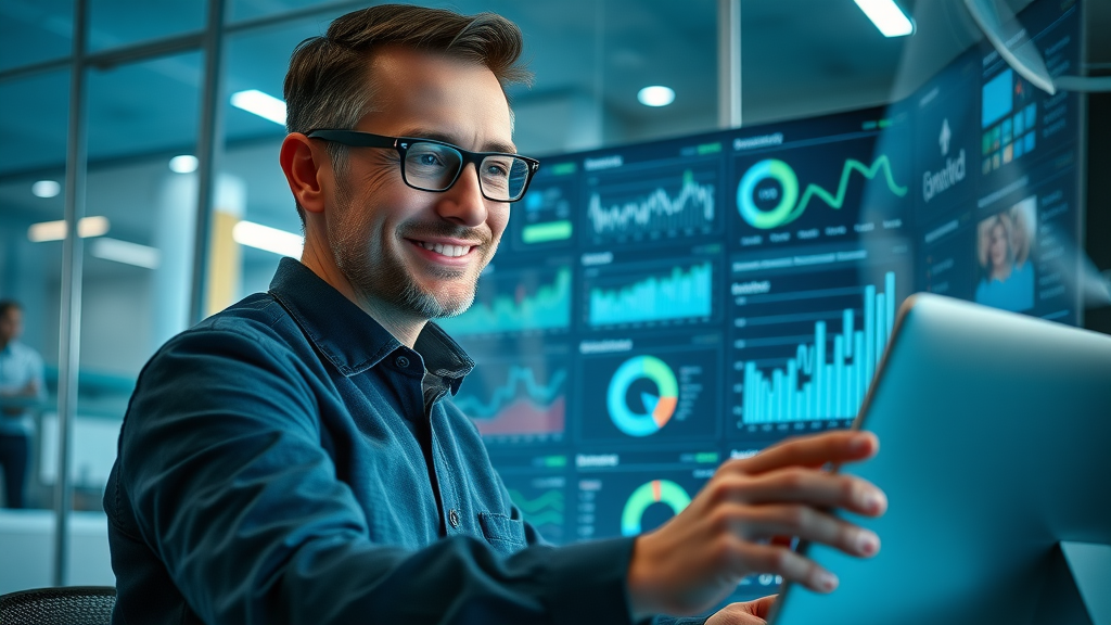 Business owner in Houston analyzing digital marketing performance on an automated marketing tools dashboard.