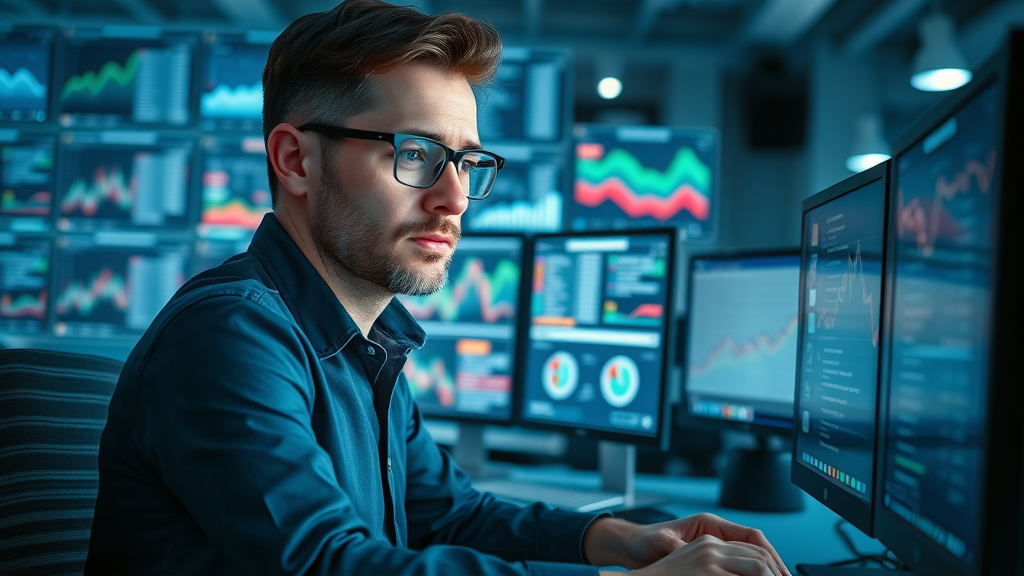 dynamic digital marketer researching keyword generation techniques with multiple monitors, glowing graphs, keyword clouds, tech office background