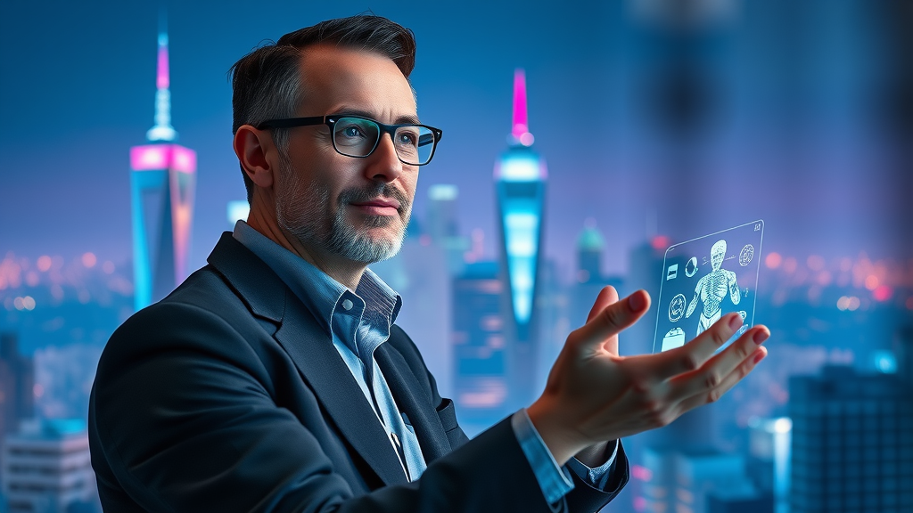 Visionary marketer watching futuristic AI marketing tools and holograms - Future of AI marketing tools